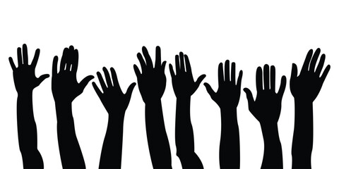 people raising hand silhouettes. People raising hand at the concert. Large group of people with raising hands, Cheering crowd at a concert. vector flat style. isolated on white background.