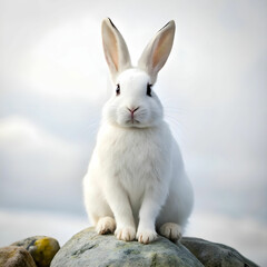Obraz premium a white rabbit sitting on rocks with white background
