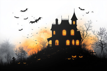 Spooky Haunted House at Sunset with Bats