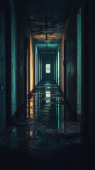 Obraz premium Dark hallway in an abandoned hospital with puddles on the floor 