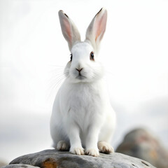 Obraz premium a white rabbit sitting on rocks with white background