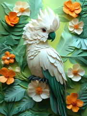 Obraz premium White Parrot with Green Feathers on Yellow-Green Background in 3D Oil Painting Style