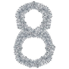 number 8 made from New Year's tinsel, isolated Christmas tinsel, tinsel garland
