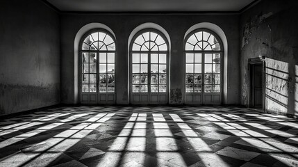   A monochrome image of three arched windows in a room with a checkerboard floor