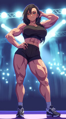 Strong attractive bodybuilder muscular anime woman pose at a bodybuilding show with spotlights in background