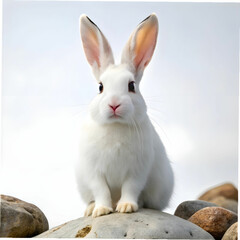 a white rabbit sitting on rocks with white background