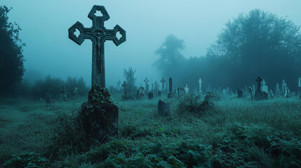 Halloween Abandoned Cemetery at Night with Celtic Cross and Mist
