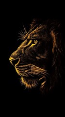 Naklejka premium Lion Close-up Looking Up on Black Background, Abstract Image, Texture, Pattern, Wallpaper, Cover and Screen of Smartphone, PC, Laptop, 9:16 and 16:9 Format