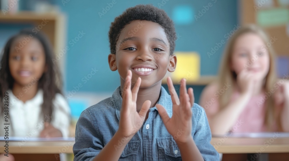 Poster a boy making a hand gesture in front of two other children, ai