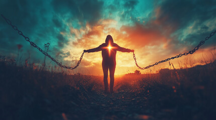 Salvation concept, man breaking from chains of sins, emerging into a bright and hopeful future. christian cross on the top, saved by religion