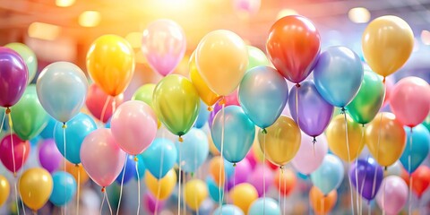 A vibrant set of realistic mat helium balloons adorns a blurred colorful backdrop, perfect for birthday celebrations,