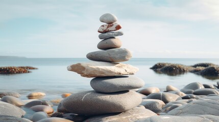 Fototapeta premium Balance pebble stone in the sand beach at sunset. Neural network ai generated art