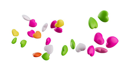 Multicolored hearts candies or yummy sweets isolated on the white 3d illustration
