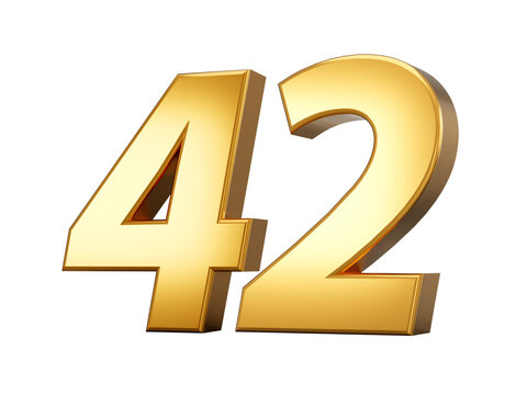 Golden metallic Number 42 Forty two, White background 3d illustration
