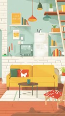 Cozy Living Room Illustration with Yellow Sofa and White Cat