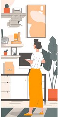 Woman in a White T Shirt and Yellow Skirt Standing in a Home Office