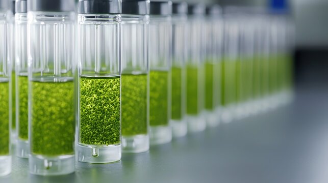Nano-engineered biofuel production inside a microalgae culture, representing cutting-edge biotechnology.