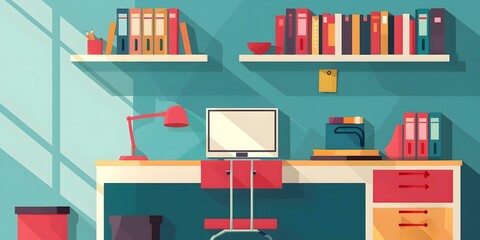 Modern Minimalist Office Interior Design With Computer Desk And Bookshelves