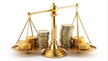 A 3D illustration of a weighing scale with gold coins and paper bills balancing on either side, symbolizing financial decisions and budget management.