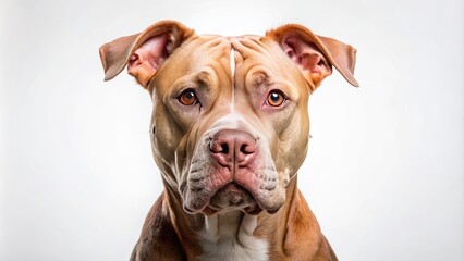 Obraz premium A adorable American Pitbull Terrier with a wrinkled face and floppy ears poses against a clean white backdrop, showcasing its muscular build and gentle nature.