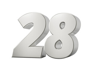 Silver 3d numbers 28 twenty eight. Isolated white background 3d illustration
