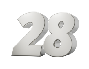 Silver 3d numbers 28 twenty eight. Isolated white background 3d illustration
