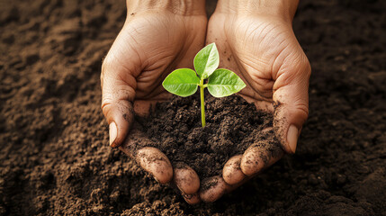 Closeup of hands holding a young seedling