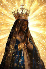 Our Lady of Aparecida (Nossa Senhora Aparecida), Catholic icon of Brazil. Glowing statue with bokeh background symbolizes faith and tradition. Perfect for religious designs with room for text