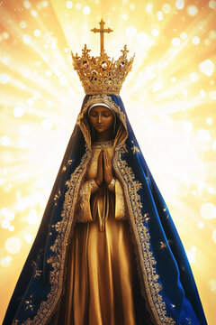 Sacred statue of Our Lady of Aparecida (Nossa Senhora Aparecida), Brazilian Catholic icon. Glowing bokeh background emphasizes faith and devotion. Religious imagery with ample space for text