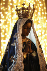 Statue of Our Lady of Aparecida (Nossa Senhora Aparecida), Brazil's cultural and religious symbol. Glowing bokeh background provides a divine touch. Stock image with ample copy space for text