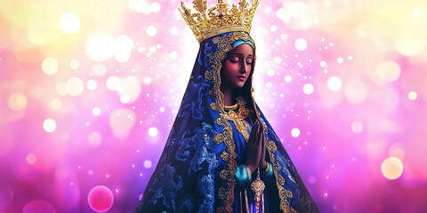 Sacred statue of Our Lady of Aparecida (Nossa Senhora Aparecida), beloved Brazilian saint. Glowing bokeh background conveys faith, hope, and devotion. Perfect for religious-themed projects with text
