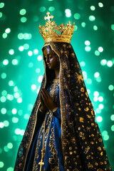 Our Lady of Aparecida (Nossa Senhora Aparecida) statue, iconic in Brazilian Catholicism. Glowing bokeh background enhances her divine presence, perfect for religious visuals with copy space