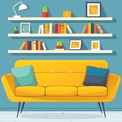 Living Room with Yellow Sofa, Bookshelves and Minimalist Decor