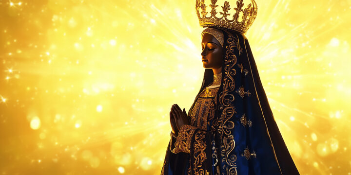 Revered statue of Our Lady of Aparecida (Nossa Senhora Aparecida) with a glowing bokeh backdrop. Brazilian Catholic culture and faith captured beautifully. Stock image with space for text