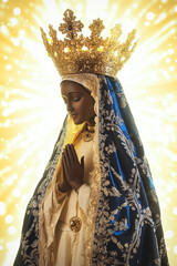 Our Lady of Aparecida (Nossa Senhora Aparecida), Brazilian Catholic icon. Statue with glowing bokeh background, symbolizing faith and culture. Perfect for religious-themed designs with copy space