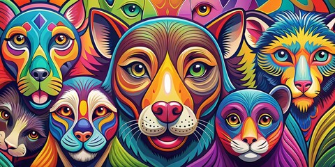 Colorful illustration of various animal faces, including cat, dog, monkey, and bird, designed in bold lines and vibrant