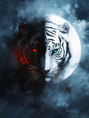 Black Tiger and white Tiger Ying Yang Moon epic art romanticism style intense fog, bold lines and red eyes of the Black Tiger and Blue Eyes the White Tiger Ying Yang cycle
