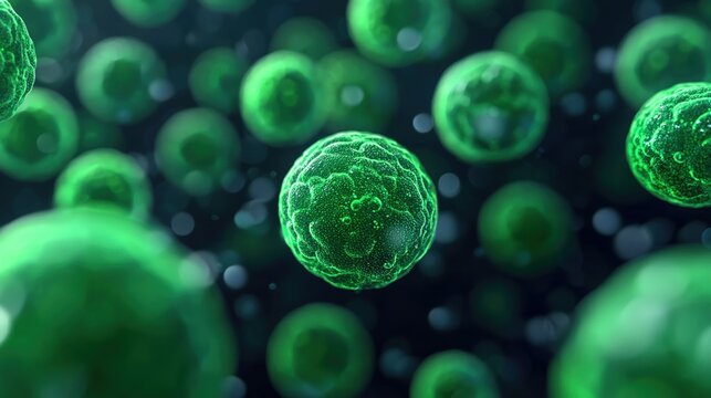 Microscopic view of algae cells being converted into biofuel by nanomachines, illustrating the future of sustainable energy.