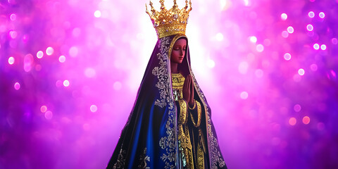 Statue of Our Lady of Aparecida (Nossa Senhora Aparecida), revered Brazilian saint. Illuminated bokeh background represents faith, hope, and light. Religious stock image with ample copy space for text