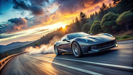 Naklejka premium A blur of motion, a sleek sports car accelerates down a scenic highway, leaving a trail of smoke and scorching rubber from its high-speed tires.