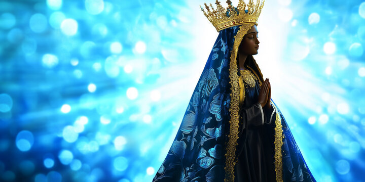 Sacred Statue of Our Lady of Aparecida (Nossa Senhora Aparecida), iconic Brazilian saint. Radiant bokeh backdrop symbolizing faith, hope, and devotion. Catholic religious art with space