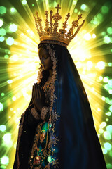Statue of Our Lady of Aparecida (Nossa Senhora Aparecida). Brazilian popular and cultural saint. Glowing bokeh background with copy space for text. Catholic faith and religion concept. Unique approach