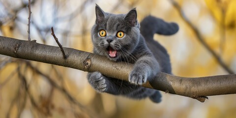Gray kitten climbing a tree branch with a surprised look