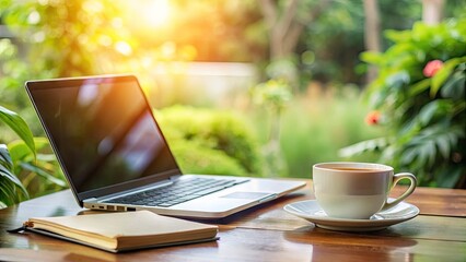 Abstract blurred background with laptop, notebook, and coffee cup, emphasizing a peaceful atmosphere for online learning and self-study from the comfort of home.