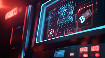 A 3D ATM machine with digital cash symbols, representing the integration of physical banking with digital currency transactions 