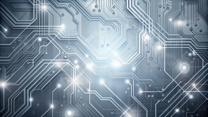 Abstract grey digital background featuring intricate circuit board patterns, subtle grid textures, and soft, gradient lighting, perfect for technology and futuristic themes.