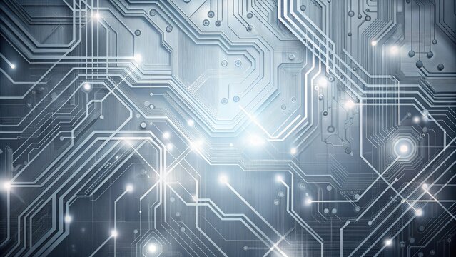 Abstract grey digital background featuring intricate circuit board patterns, subtle grid textures, and soft, gradient lighting, perfect for technology and futuristic themes.