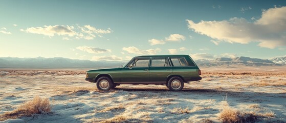 A vintage green station wagon parked amidst a vast desert landscape under a clear blue sky