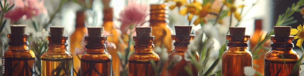 Poster a row of brown bottles with cork stoppers, some of which are labeled with flowers. the bottles are a