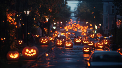 Halloween city streets with glowing pumpkin decorations
